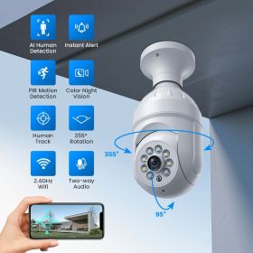 2.4Ghz Light Bulb Security Camera; Human Detection And Track; Color Night Vision; Instant Alert; 1080P Wireless Wi-Fi Smart Home Security Cameras; Wi