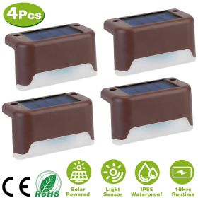 4Pcs Solar Powered LED Step Lights Outdoor IP55 Waterproof Dusk To Dawn Sensor Fence Lamps (Light Color: White, Color: Brown)